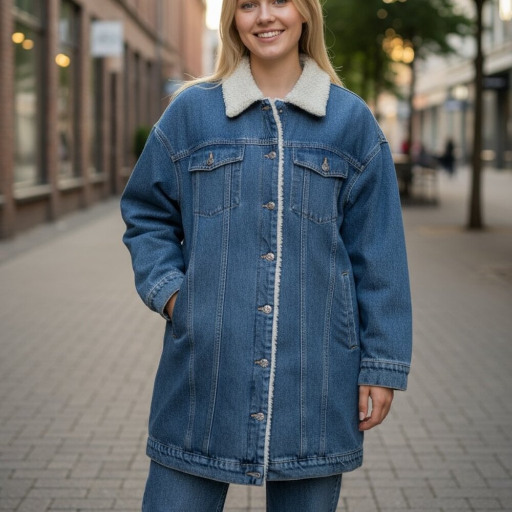 LNDN Denim Sherpa Lined Denim Trench Coat Style Jean Jacket - Size Medium (NWT) - Picture 2 of 6